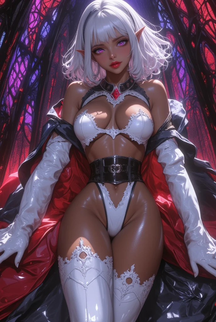 Fantasia batman,(Unity 8K CG wallpaper with extreme details, work of art, highest quallity),white color with red batman costume,Woman, feminine,long  hair,elegant bed, enhanced details,legs spread apart, sinister grin.