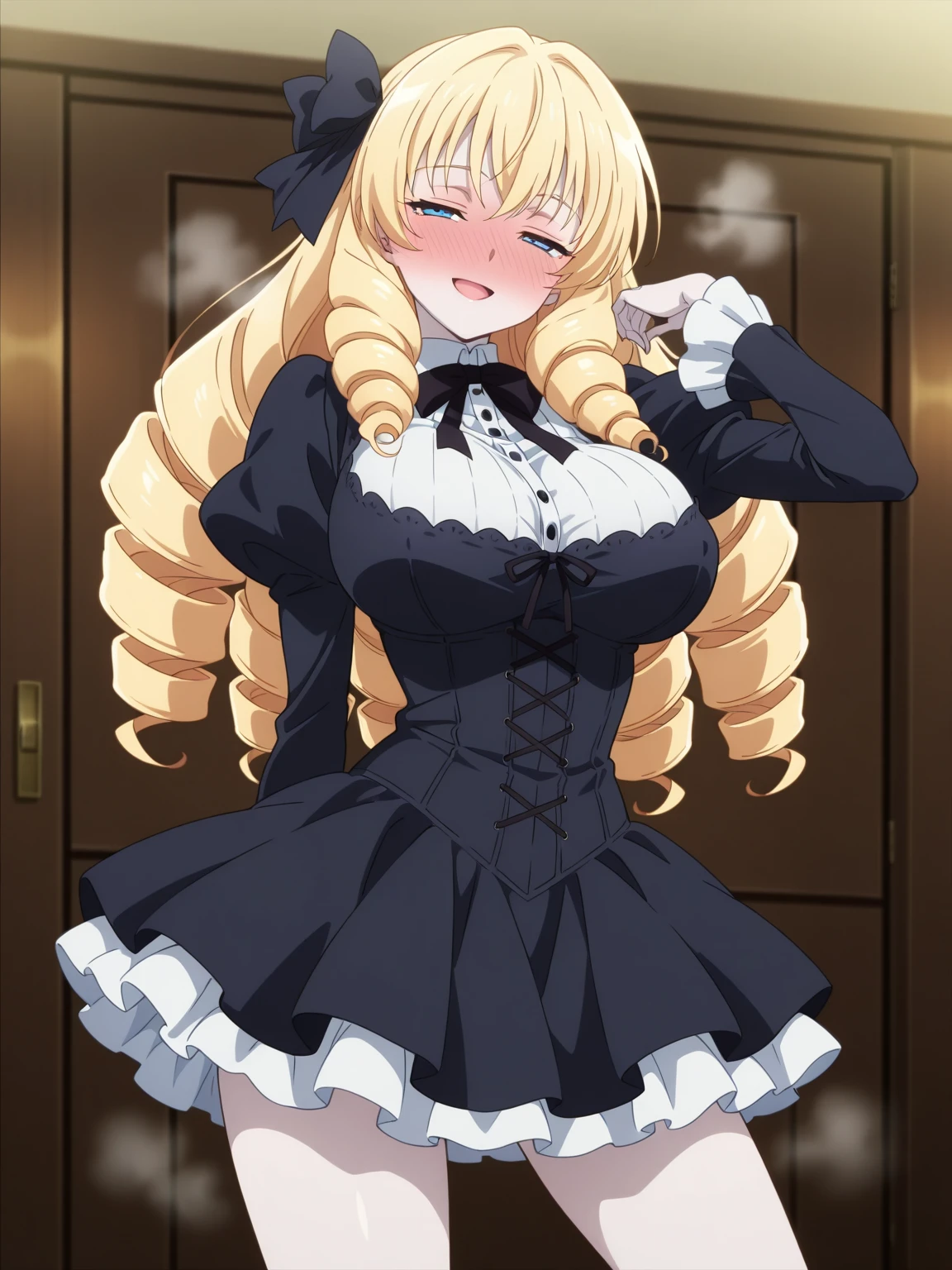 score_9, score_8_up, score_7_up,  source_anime, masterpiece, best quality, anime screencap,source_anime, anatomically correct,
(front view),1girl, pale skin,short girl, blonde hair, long hair,(drill hair),blue eyes,upper class,gothic dress,big breasts,white inner,black ribbon, contrapposto,model posing,cowboy shot, steaming body,full face blush,half closed eyes,smile,open mouth,covered breasts
