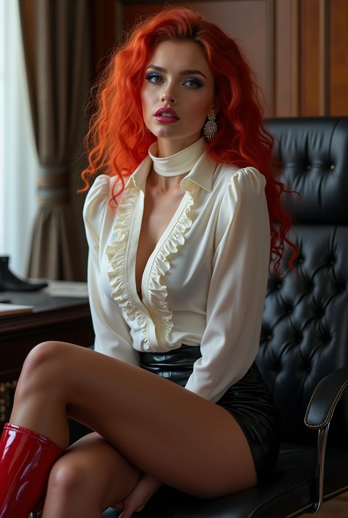 sitting pose, raw photo, (Sofia Turner), red hair, make up, graphic eyeliner, rouge, (choker:0.9), realistic skin texture, oversized shirt, (red:0.8), suave, warm lighting, cozy atmosphere, instagram style