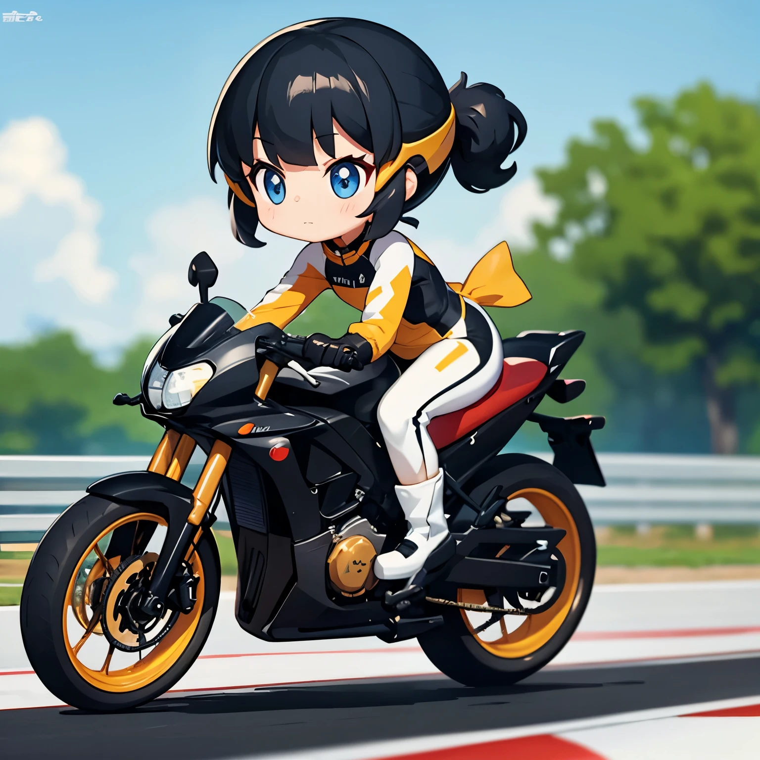   tiny mascot girl   , Front of the posture of a female racer running on a road bike ,   black hair ,   semi-long,   perfect eye details   ,   road bike racing   , 複数のロードレーサーが熾烈な戦いを繰り広げる舞台裏 , speed, Elevate your mood,   Panoramic View,  front of a posture where a female racer is running ahead of another female racer, Posture Rear Posture ，