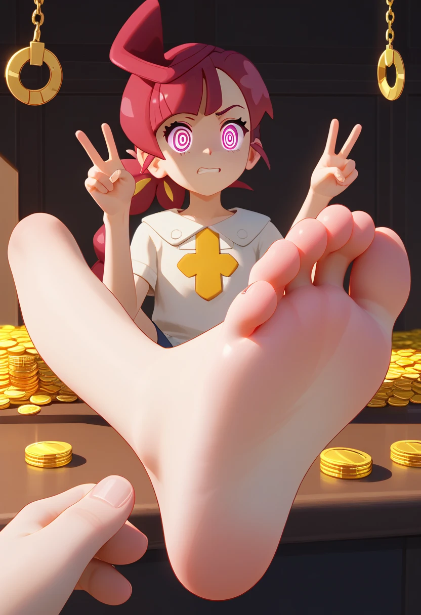 score_9,score_8_up,score_7_up,score_6_up,score_5_up, Solitary,Looking at the audience, indoors,barefoot,Foot Focus,hypno feet, the girl is getting hypnotized by me with one coin on string to make her show me her soles of feet, forced, mind control, brainwash, foot fetish, hypnosis fetish, submissive, foot focus, sole, no shoes, dry feet, 3D rendering style, manipulated, expressive and frustrated, dynamic, each foot has only 5 toes, I hold one coin on string which moves like a pendulum and hypnotizes the girl against her will, I force the girl to let me worship her soles, the girl's Body moves against her will, the girl's body obeys me against her will, coin on string swings from left to right, coin on string is hypnotic, the girl must look at the coin, perfect feet, yellow soles, immaculate soles, lineless art but clear distinction between body parts, POV, I hold the string of the coin in one hand, forced to show peace signs with both hands, high arched feet, I can't be seen in the view, there is only one coin, hypnosis, the girl is chloe cerise (pokemon),soles,feet