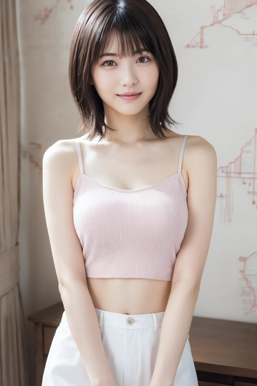 ( super beautiful girl :1.2), neat and clean woman , Masterpiece , top quality, Great Skin, delicate face, cool smile, Young Face, clean looking , Sparkling Eyes , double eyelids 、 (( high definition )), (( High Definition CG Unity 8K Wallpaper )), short haired , bangs, Elegant rounded bob , Face Facing Front、 pastel camisole showing above her thigh, An attractive and captivating , dim room, sentimental、Take a picture above the crotch、