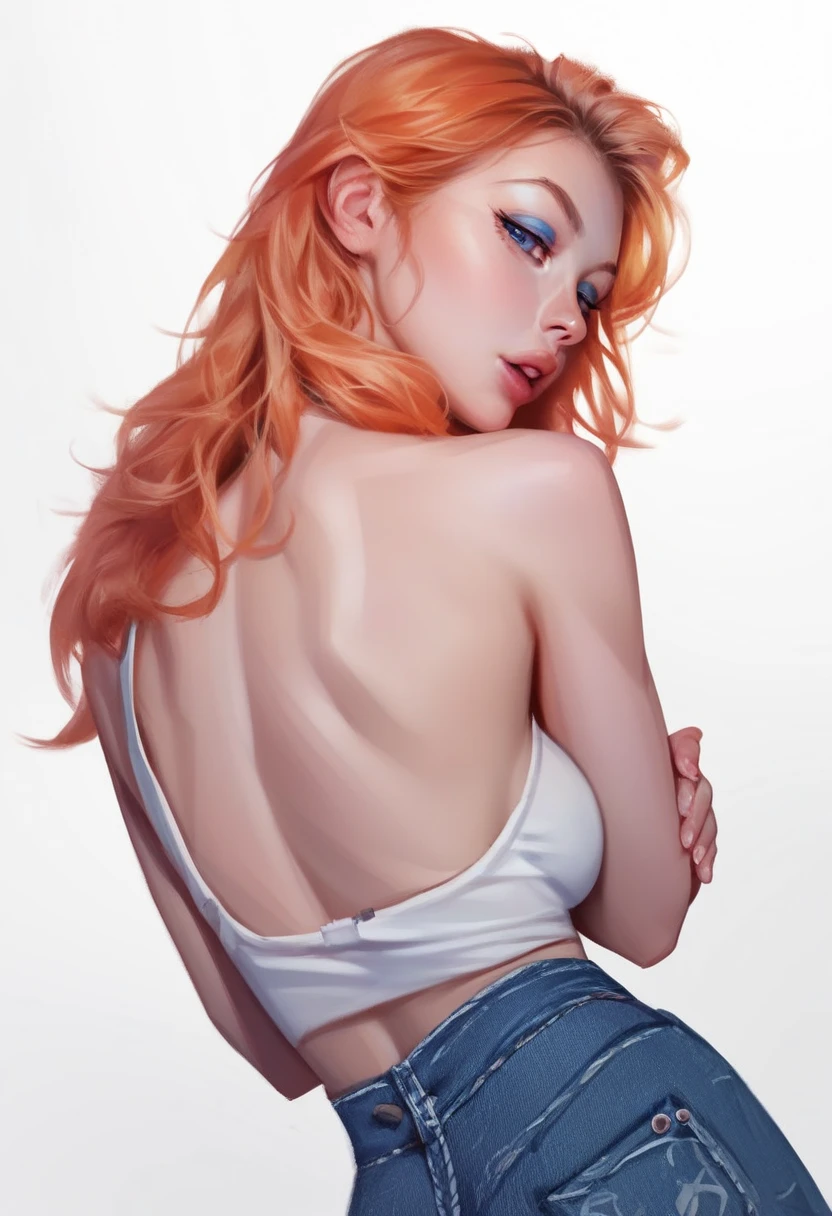 fuzzy, traditional art, Liu2, brush texture, check_9, check_8_up, check_7_up, 1 girl, orange hair, up to the shoulder blades, straight hair, long hair, Blue eyes, Plump lips, Long eyelashes, half-closed eyes, adult, beautiful make-up, big breasts, blue eyeshadow, Looking at the viewer, BREAK solo, standing, adult, skinny, high leg, arched back, hip gap, BREAK (White background:1.2), simple background, dynamic pose, dynamic angle, casual wear, Beautiful anatomy, perfect hands, High-quality fingers, good hands, high detail, detailed art