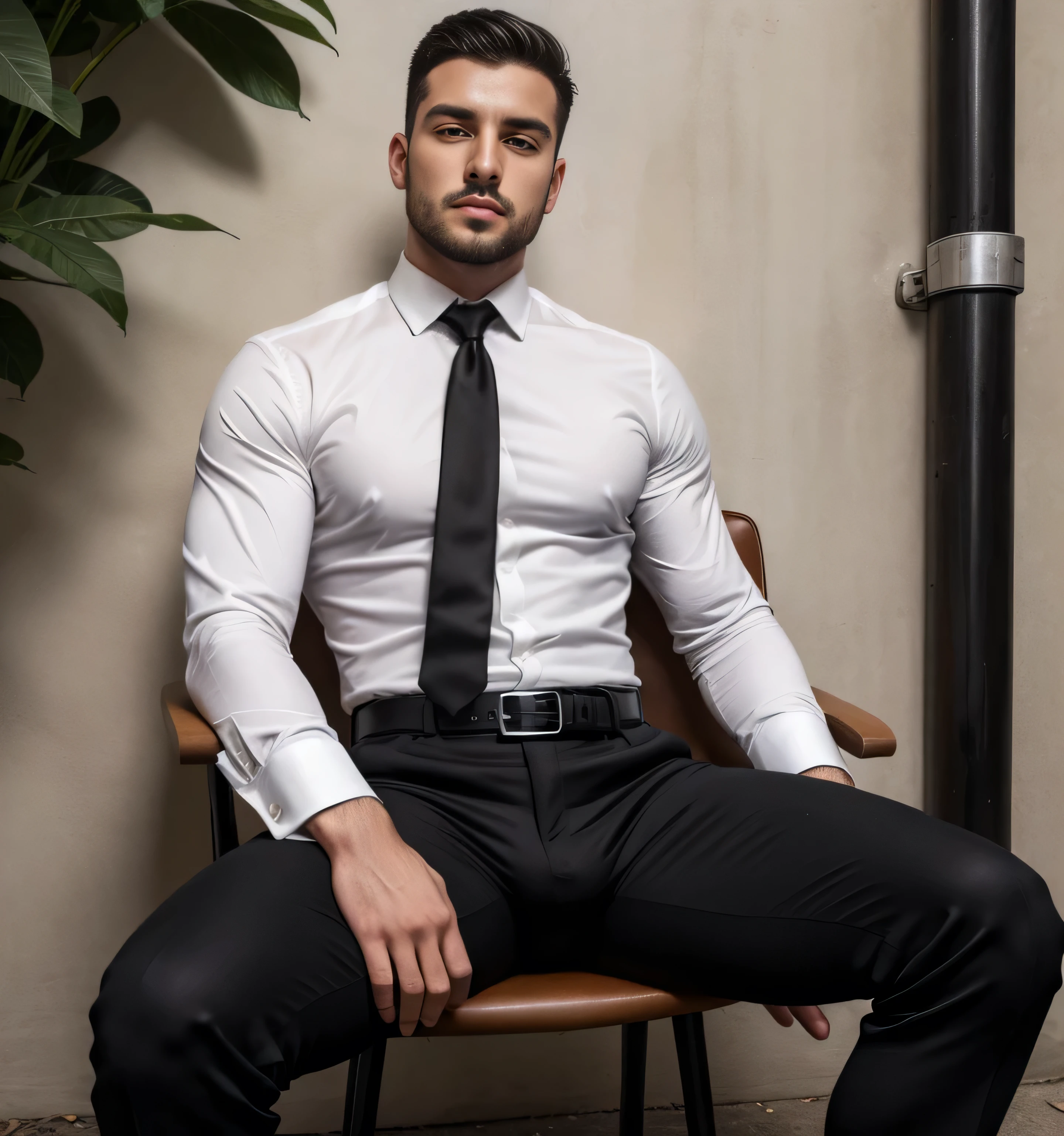 24 year old man , black suit、 white shirt、black tie、black slim pants、mafia、Vacant lot、 open legs wide 、stand chair、 The crotch part of my pants is swollen, bulging muscles ,Gay , short hair, short hair、 stubble,Türkiye,Hermes Belt。Black socks、