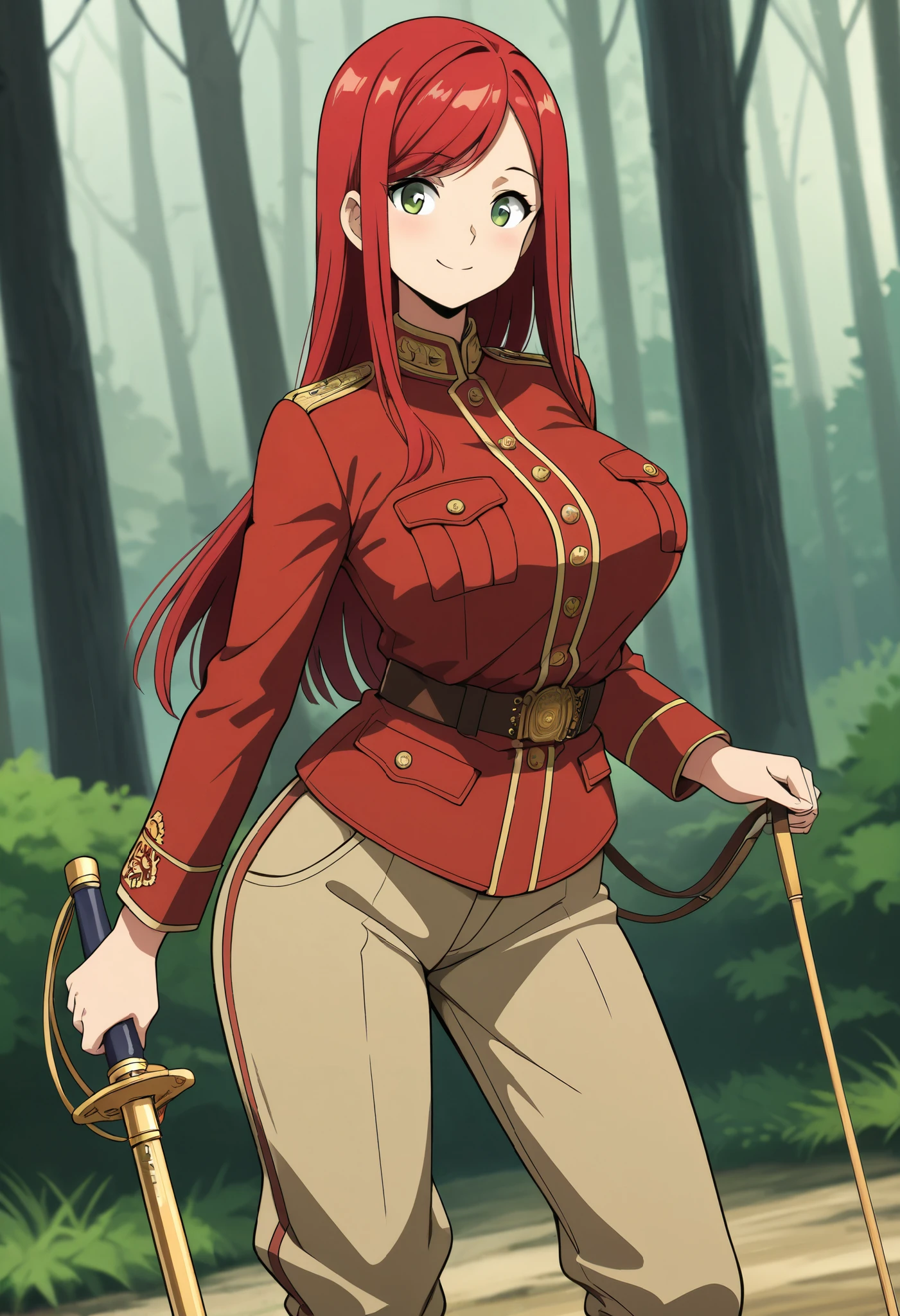 (masterpiece), Highest quality, 4k, ((Anime Style)), ((ultra-detailed)), 1girl, (red hair), (long straight hair:1.2), (short bangs, left-parted bangs, and right hard swept bangs:1.2). round eyes, (applegreen eyes:1.2), (large breast:1.1), red jacket, (khaki uniform), (british army officer:1.2), (wide-leg pants:1.2), (Holding a saber:1.2), smile, forest,