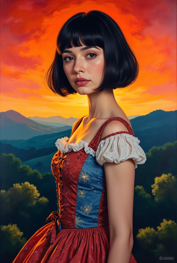 ((very colorful gradient)):[[(front full portrait:1girl (solo) with big eyes and a short hair bob)((Jose de Ribera style)), [dress ((Marc Chagall style)])):20]/[background: landscape
 Renaissance, old canva, (scarlet sunset), ((style Alexey Savrasov))]/[((very colorful gradient)),((oil painting palette knife))((masterpiece)),((highest detail))]]