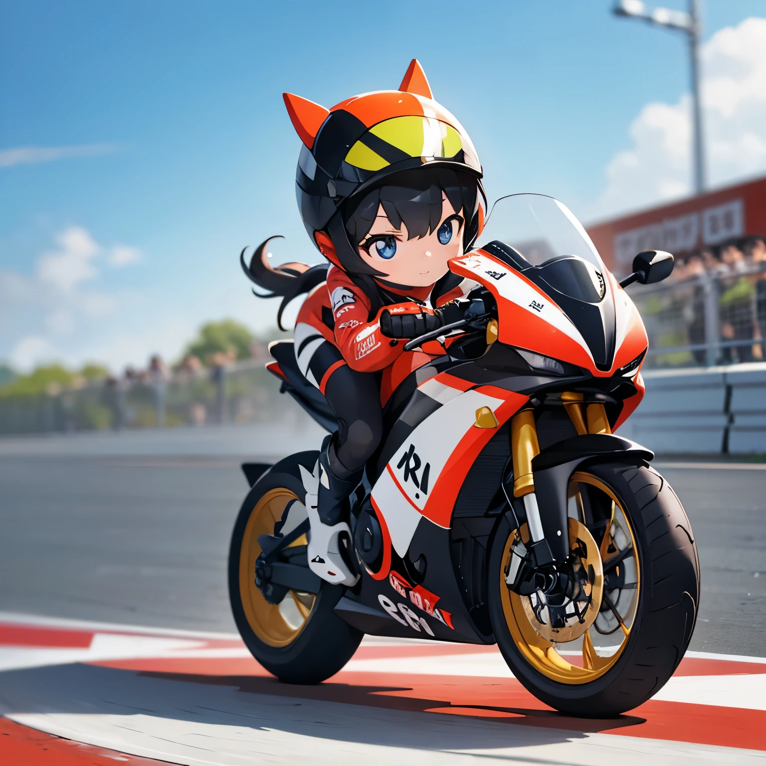   tiny mascot girl   , Front of the posture of a female racer running on a road bike ,   black hair ,   semi-long,   perfect eye details   ,   road bike racing   , 複数のロードレーサーが熾烈な戦いを繰り広げる舞台裏 , speed, Elevate your mood,   Panoramic View,  front of a posture where a female racer is running ahead of another female racer, Posture Rear Posture ， Girl Temptation，