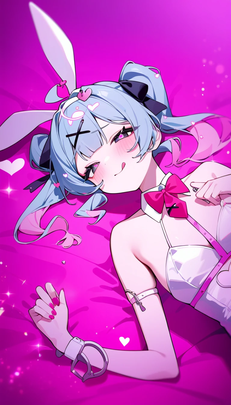 girl.Alone, Hatsune Miku  , Down the rabbit hole \(  vocaloid  \) ,     Masterpiece  ,  top quality, Latest, playboy bunny,   heart shaped eyes ,  tongue， Cheek， Portraits,    ，white handcuffs on right arm  ，  lying on pink bed  ，lame， glitter