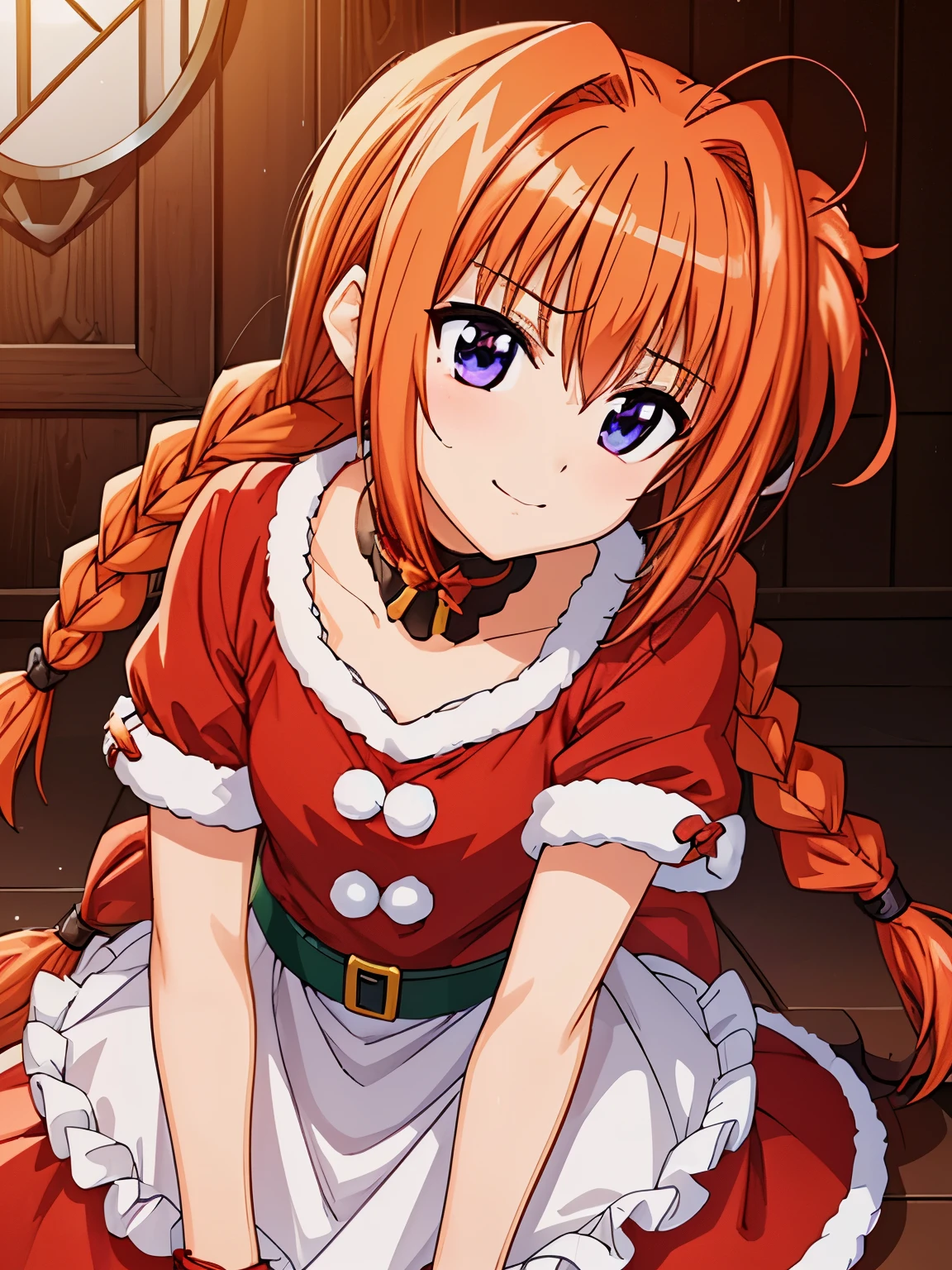  top quality,Otome、( animated illustration style), shot from the front、 high definition 、Standing、indoor、  beautiful charming orange hair 、 braided twin tail 、 vermilion hair that shines in the sun 、 beautiful charming purple eyes、smile、(Santa、Santaクロース,Santaの衣装:1.2)、Santaの帽子、Absolute reference to the center、 cute, Extremely Detailed CG , (  perfect hand with giant bow , perfect anatomy), ( Full Photo,  Extremely Detailed CG 、(Genuine、 realistic な、 realistic :1.2)、Absolute reference to center、