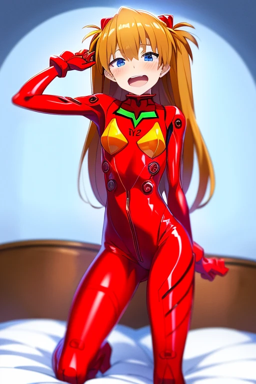 (( top quality)), ((masterpiece)), (be familiar with),  perfect face, indoor, bedroom,  watching viewers,
One woman,  Soryu Asuka Langley,
 open mouth,  with an ecstatic expression , blush, smile,
 small tits,  flat chested, Young girl, Lori,  s,  girl,
 long hair,  twin tails,
Leg spread,