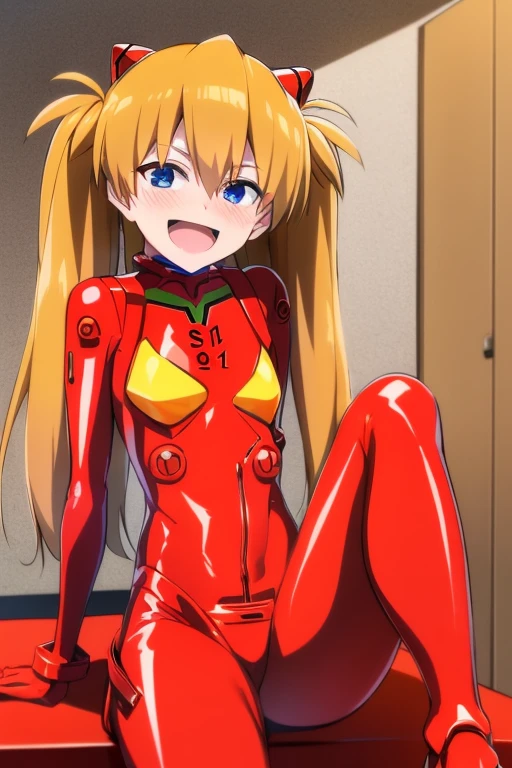 (( top quality)), ((masterpiece)), (be familiar with),  perfect face, indoor, bedroom,  watching viewers,
One woman,  Soryu Asuka Langley,
 open mouth,  with an ecstatic expression , blush, smile,
 small tits,  flat chested, Young girl, Lori,  s,  girl,
 long hair,  twin tails,
Leg spread,