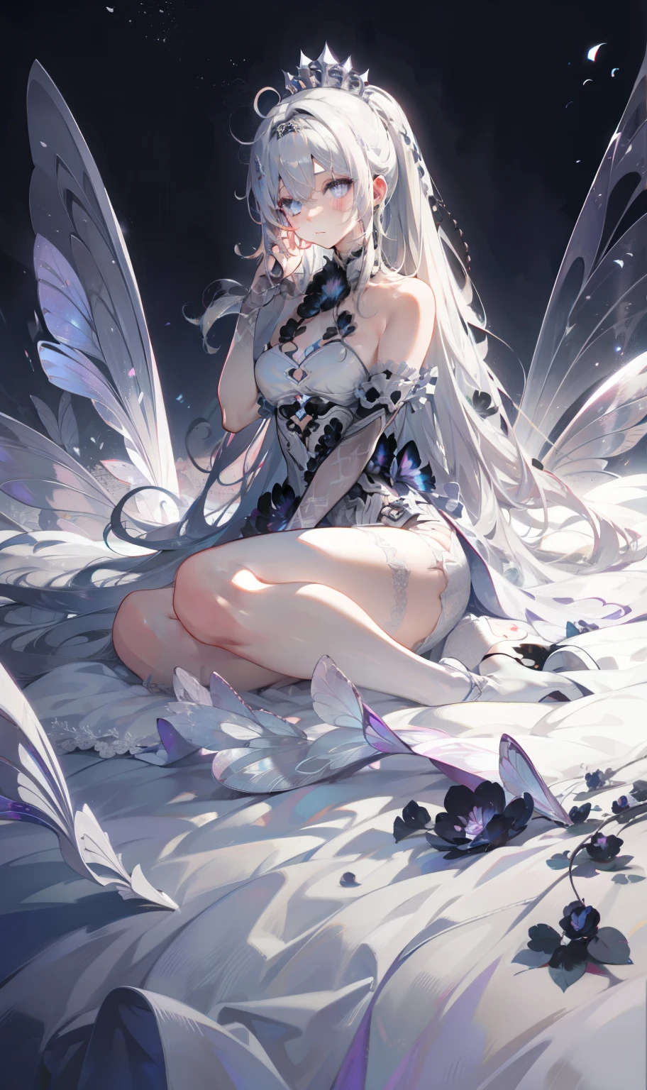 (best quality,4K,8k,high resolution,masterpiece:1.2),Ultra Detailed,(actual,photoactual,photo-actual:1.37),illustration,Soft Light,White hair girl,Deep purple eyes,Glowing eyes,sit down,barefoot,blush,Garden at night,Flowers.