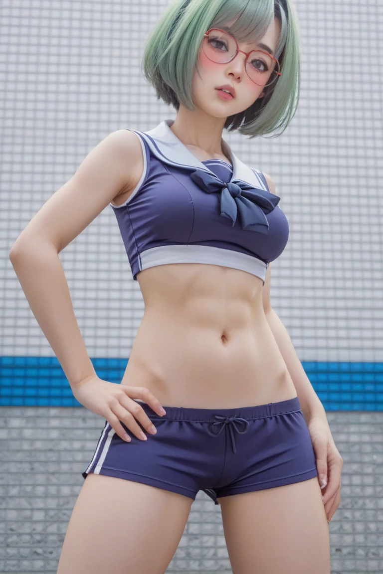 Gray Hair、Green hair inner color、 short haired 、 medium breasts、 Thin Waist、 small hips 、Costume、 sports bra、 shorts that will leave your neck bare、Red round glasses 、 breasts in school 、Exposing her pussy、 bend your back、Pussy juice、Full face blush、溢れ出るPussy juice、Bukkake 