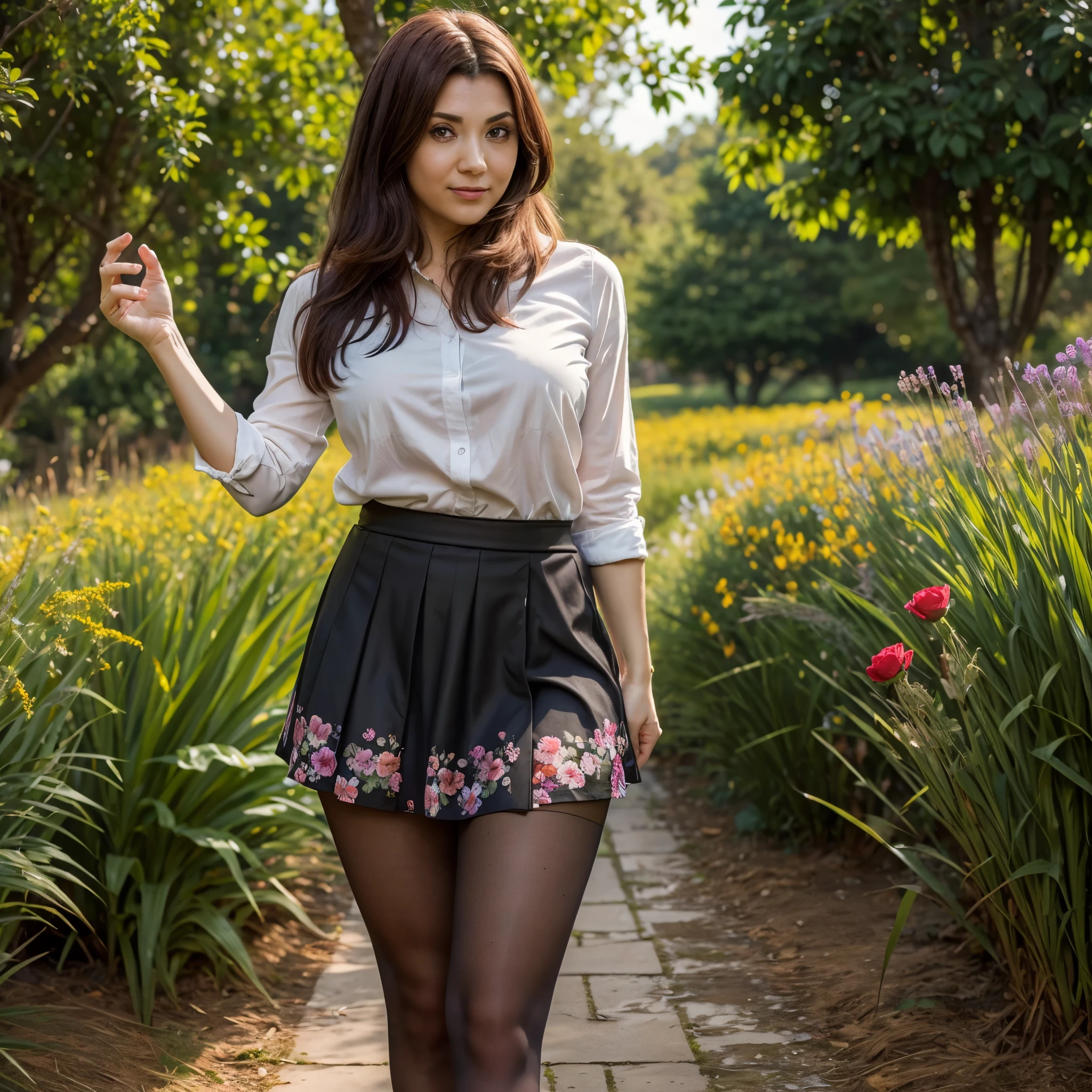 (masterpiece), (best quality), (highly detailed),black pantyhose, skirt, standing,  flower field, tara.tainton