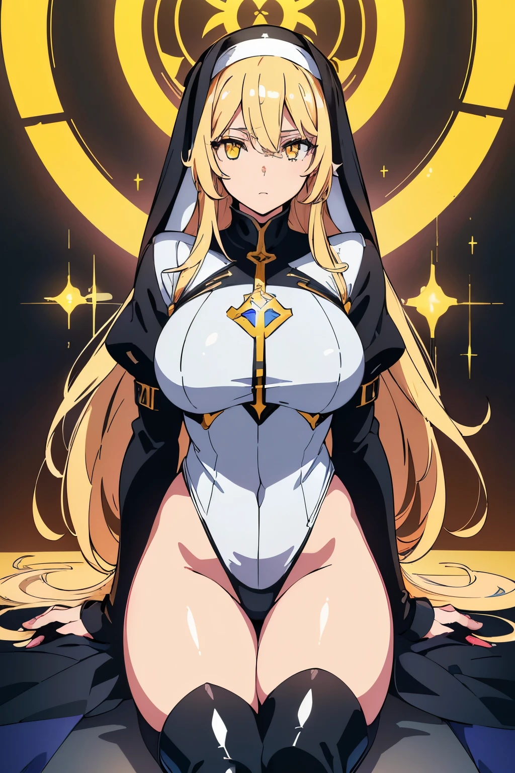 Anime, Girl, (((1girl))), (((Waifu, Danmachi, Ais Wallenstein Waifu))), (((Golden Blonde Hair, Long Hair))), ((Golden Yellow Eyes eyes:1.3, Star Eyes, Upturned Eyes: 1, Perfect Eyes, Beautiful Detailed Eyes, Gradient eyes: 1, Finely Detailed Beautiful Eyes: 1, Symmetrical Eyes: 1, Big Highlight On Eyes: 1.2)), (((Lustrous Skin: 1.5, Bright Skin: 1.5, Skin Fair, Shiny Skin, Very Shiny Skin, Shiny Body, Plastic Glitter Skin, Exaggerated Shiny Skin, Illuminated Skin))), (Detailed Body, (Detailed Face)), (((Sad expression))), Young, Guarded Pose, (Best Quality), ((((Black Nun Robes))), (((Habit))), ((((Techwear))), (((Thigh-high Heeled Boots))), Holy Cross Motif), High Resolution, Sharp Focus, Ultra Detailed, Extremely Detailed, Extremely High Quality Artwork, (Realistic, Photorealistic: 1.37), 8k_Wallpaper, (Extremely Detailed CG 8k), (Very Fine 8K CG), ((Hyper Super Ultra Detailed Perfect Piece)), (((Flawlessmasterpiece))), Illustration, Vibrant Colors, (Intricate), High Contrast, Selective Lighting, Double Exposure, HDR (High Dynamic Range), Post-processing, Background Blur