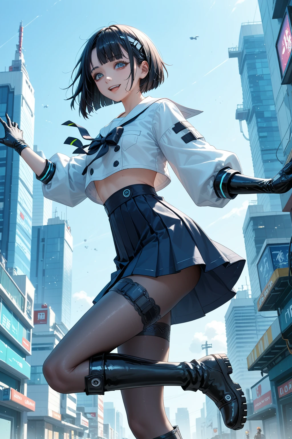 (masterpiece、highest quality、highest quality、Official Art、Beautiful and beautiful:1.2)、(One girl:1.3)Hatsune Miku、Twin tails,Big Breasts,Yanhe, whine, One girl, black gloves, black Shorts, black Knee socks, blue null, chest, chest apart, cable, cloud, cloudy null, Crop top, Crop top overhang, Day, elbow gloves, From below, gloves, blue eyes, Hair between the eyes, hand on Headphones, Headphones, medium chest, leg ribbon, View your viewers, abdomen, belly button, petal, ribbon, shirt, very short hair, short hair, Shorts, null, No sleeve, No sleeve shirt, smile, alone, thigh ribbon, Thigh straps, Knee socks, Button unbuttoned, Underbust, upshirt, Gray Hair, zipper