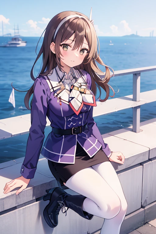  1 girl, Alone,Ashigara \( kancoll\), uniform, white hairband,  purple jacket,  neckerchief , White handbag, black belt,   black skirt  ,  Miniskirt,   pencil skirt,  white pantyhose , grey boots ,  high heels,
Naval Port Park 