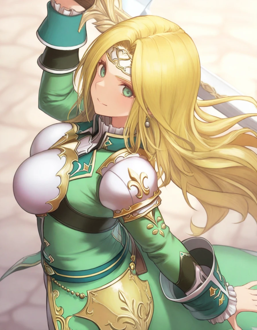 blonde hair,long hair,green eyes,liza (romancing saga 2),best quality,masterpiece,huge breasts,armor,,sword,armor