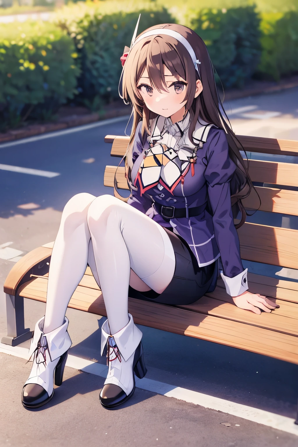  1 girl, Alone,Ashigara \( kancoll\), uniform, white hairband,  purple jacket,  neckerchief , White handbag, black belt,   black skirt  ,  Miniskirt,   pencil skirt,  white pantyhose , grey boots ,  high heels,
Naval Port Park 