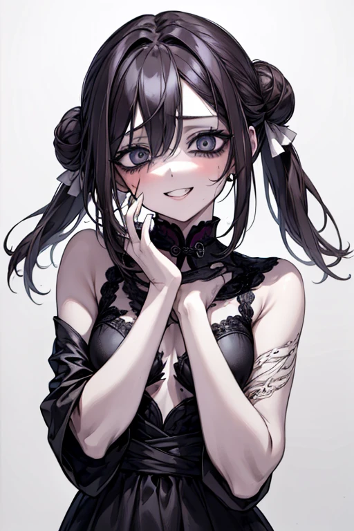Highest quality, (Background details), High Contrast, Very beautiful girl, Detailed original illustrations、functional、Small breasts、Kunoichi、Delicate face、Black Hair、attractive、Villainess、sexy、Real breasts、Crazy Smile, Crazy Eyes, Head close-up, Ninja Costume, Black background, (Black background: 1.5), Beautiful line art、Monochrome、Black and White