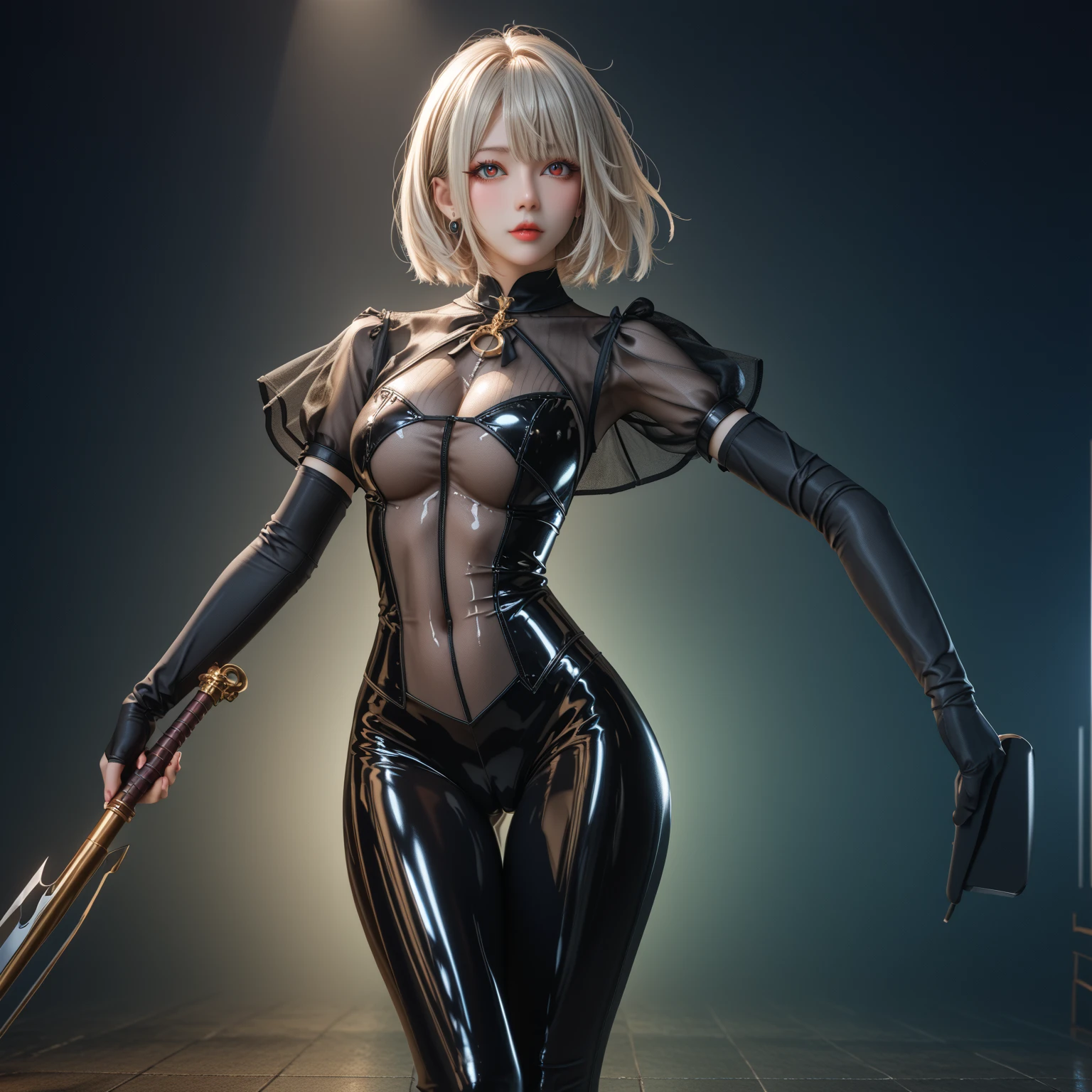 (((Woman))), (((best qualityer))), (((masterpiece))), (((grown-up))), (((1 girl))), ((( bob haircut ))), Uma gladiadora cyberpunk Woman de 25 anos com corpo perfeito, shoulder pads with metal spikes, Brooklyn Gladiators, (( bob haircut )), tiny leather panties, ripped rugby t-shirt, almost naked in Simon Bisley's wild urban style for the cover of Heavy Metal magazine, Short blonde hair, Minimal clothing, Metal protection on the left arm with complex graphics, Dark red with white stars and striped zigzag pattern, navy blue and white, armour, cheio de espinhos, (((from the knee up))), short white blonde hair, in the background a wall painted by Shepard Fairey with an intricate design