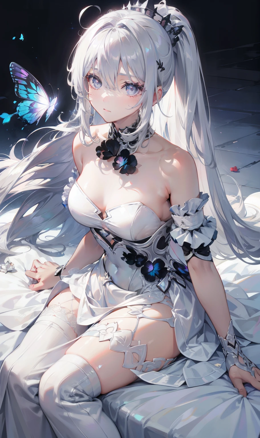 silber hair,butterflys,long whitr hair,8k wallpaper,detailedbackground,Highest high resolution,deep v big breasts,Hair covers one eye,Bandeau,chies,Purple roses,tight-fitting,