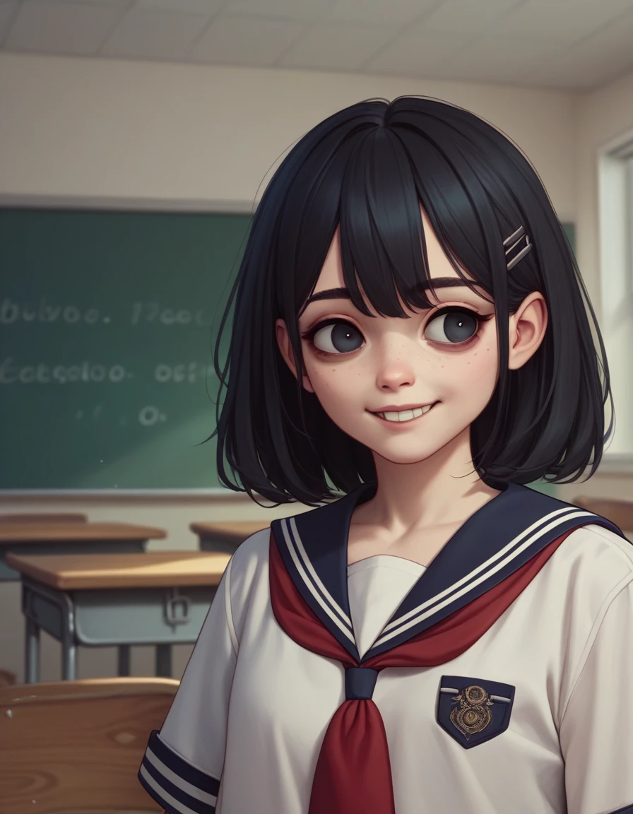  girl、An unkempt and short god、 black hair、 dark circles under eyes、uniform、 school uniform、Worried brow、classroom、 Look Away、smile