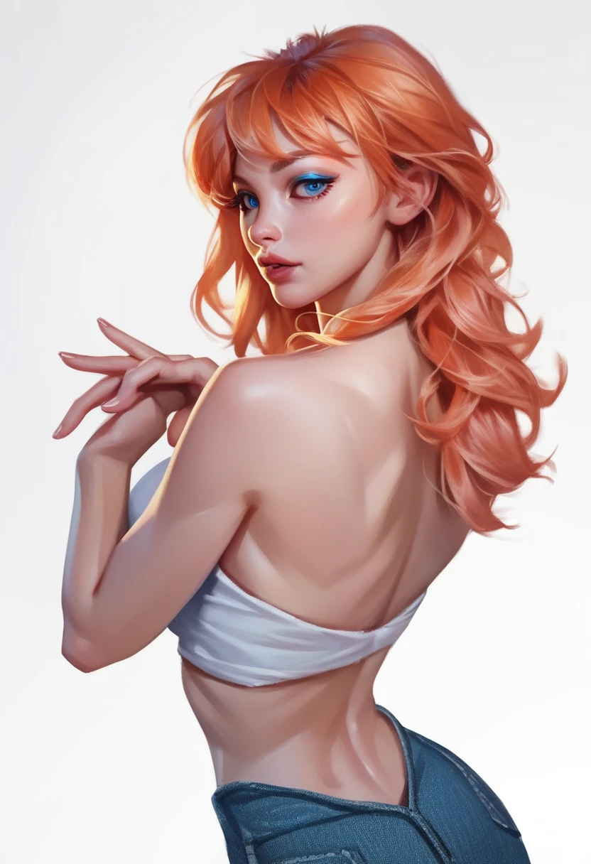 fuzzy, traditional art, Liu2, brush texture, check_9, check_8_up, check_7_up, 1 girl, orange hair, up to the shoulder blades, straight hair, long hair, Blue eyes, Plump lips, Long eyelashes, adult, beautiful make-up, big breasts, blue eyeshadow, Looking at the viewer, BREAK solo, standing, adult, skinny, high leg, arched back, hip gap, BREAK (White background:1.2), simple background, dynamic pose, dynamic angle, casual wear, Beautiful anatomy, perfect hands, High-quality fingers, good hands, high detail, detailed art