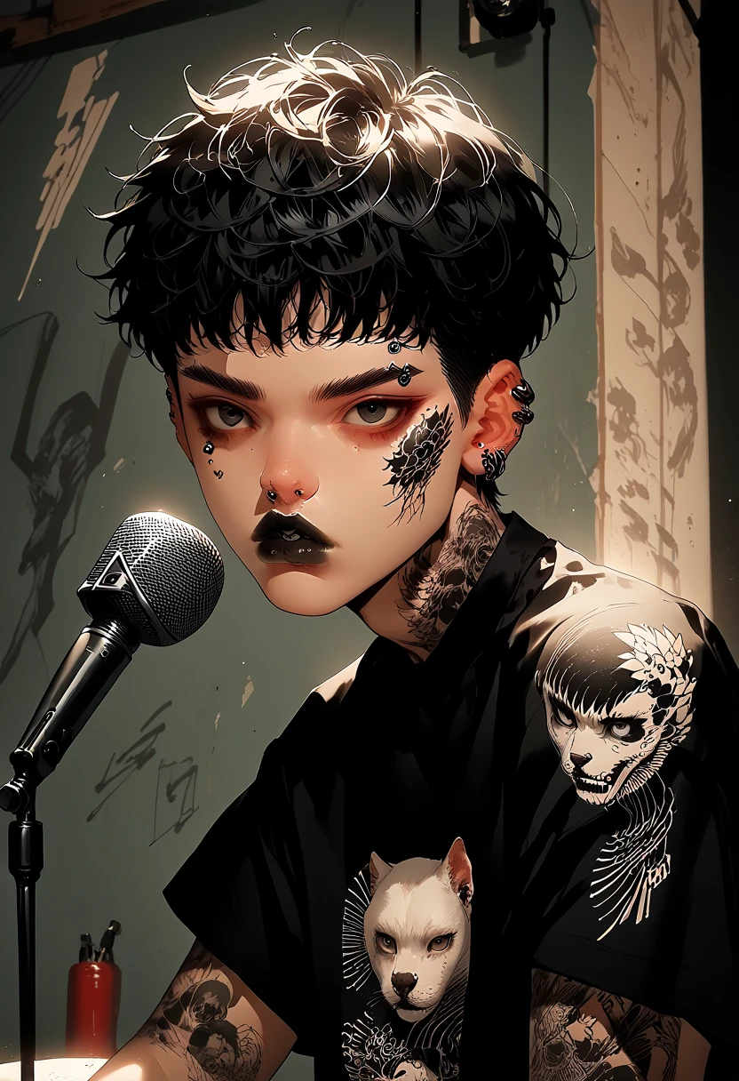 (masterpiece, illustration, best quality:1.2), microphone with melody logo, facing forward, music studio background, charming boy, full tattoo, rock style, piercing, gothic make-up, rock n roll, solo vocalist, black lips, whole body tattoo, traditional japanese tattoo, black t-shirt, black eyes, detail face, short hair