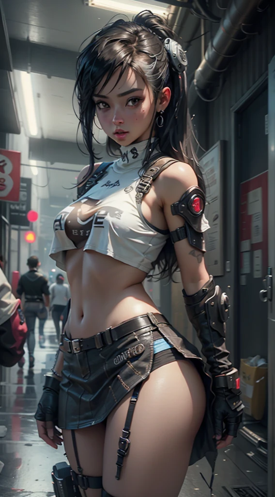 NSFW Prompt: A strikingly alluring futuristic female warrior, with her pale skin glowing under neon lights, confidently poses in a deep neckline of a highly detailed sexy futuristic cyberpunk black crop top, adorned with Japanese words that flicker with a flare effect. Beneath, her underpants, crafted from intricate circuit boards, accentuate her sculpted figure. She grips a gleaming katana with an artful balance, the blade reflecting the cityscape's futuristic masterpiece behind her. Her charm radiates as she poises herself for a captivating photo, embodying strength and seduction in this stunning artistic composition.