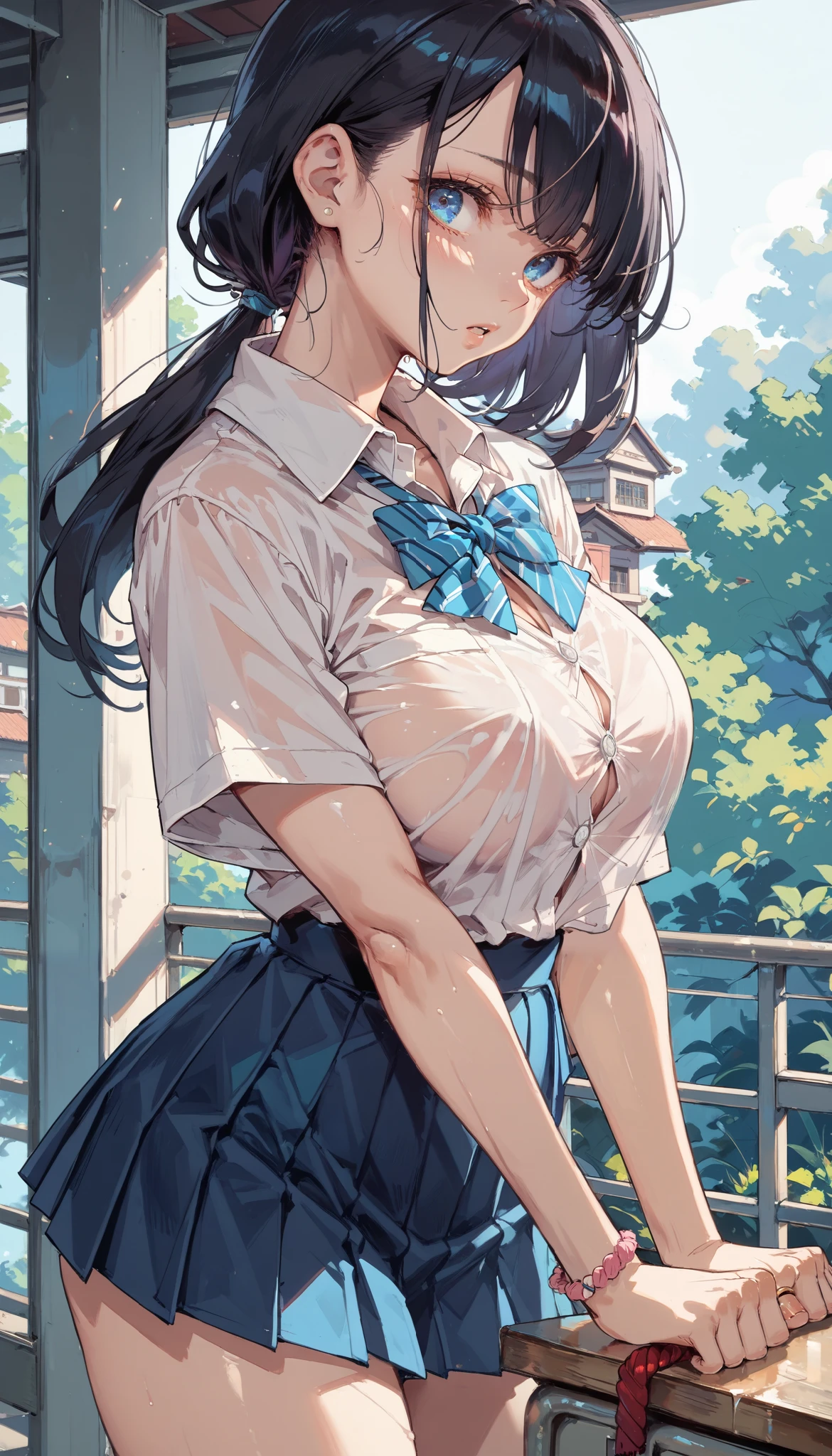 score_9, score_8_up, score_7_up,(hi-quality,high resolution),Black hair, straight and long,low ponytail,slanted eyes, big breasts, school uniform,Japanese princess, clothes are transparent,mini skirt,