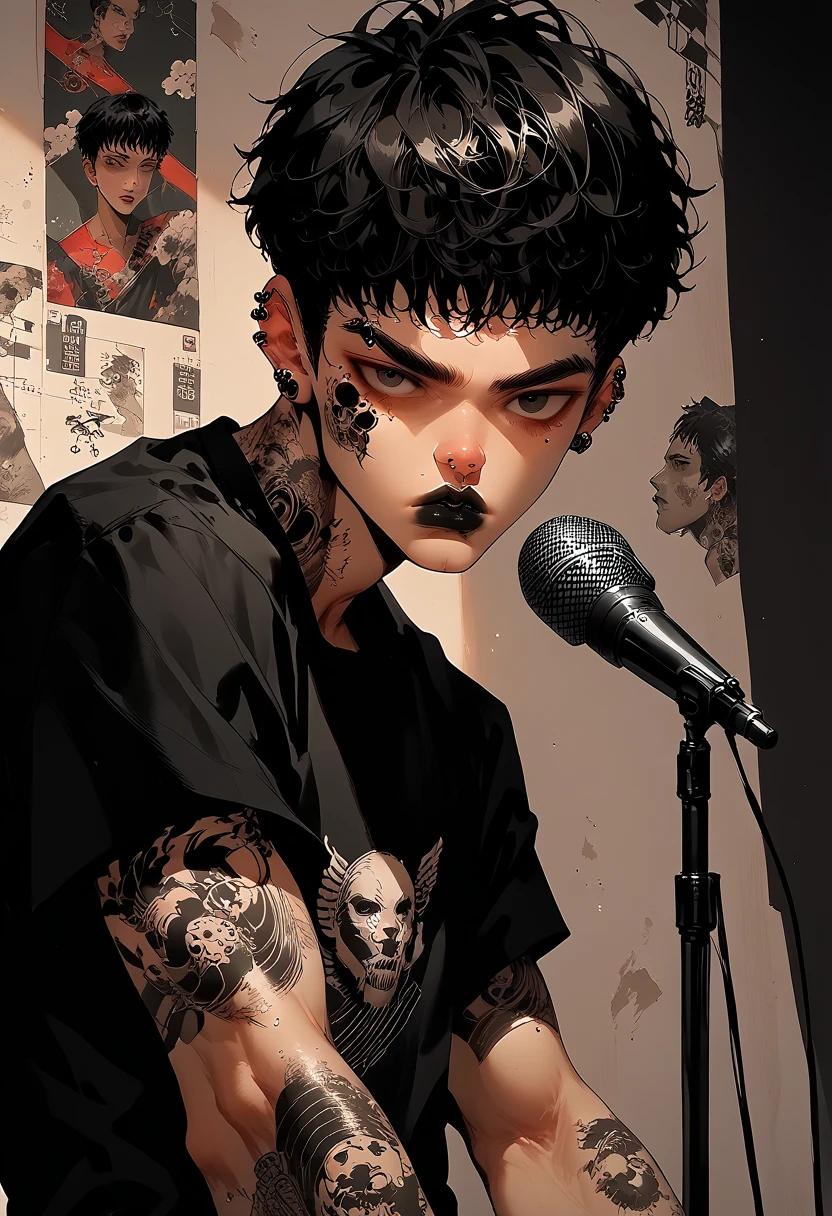 (masterpiece, illustration, best quality:1.2), microphone with melody logo, facing forward, music studio background, charming boy, full tattoo, rock style, piercing, gothic make-up, rock n roll, solo vocalist, black lips, whole body tattoo, traditional japanese tattoo, black t-shirt, black eyes, detail face, short hair, handsome boy