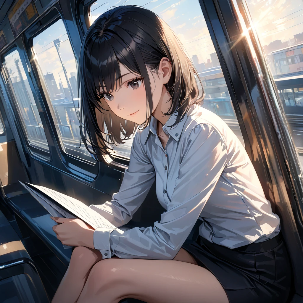 (1) Sitting alone on a long seat in a train,Sit with your legs apart,Composition from the front,Low - Angle,
(2) I&#39;m a jk, She is wearing a uniform consisting of a miniskirt, sailor suit and loose socks.,Panty shot,White panties are visible,
(3) I have medium length brown hair,
(4) The expression is provocative and smirking.,
(5) The location is a long seat on the Yamanote Line at night.,There are no other customers,The view outside the window is the night view of the city