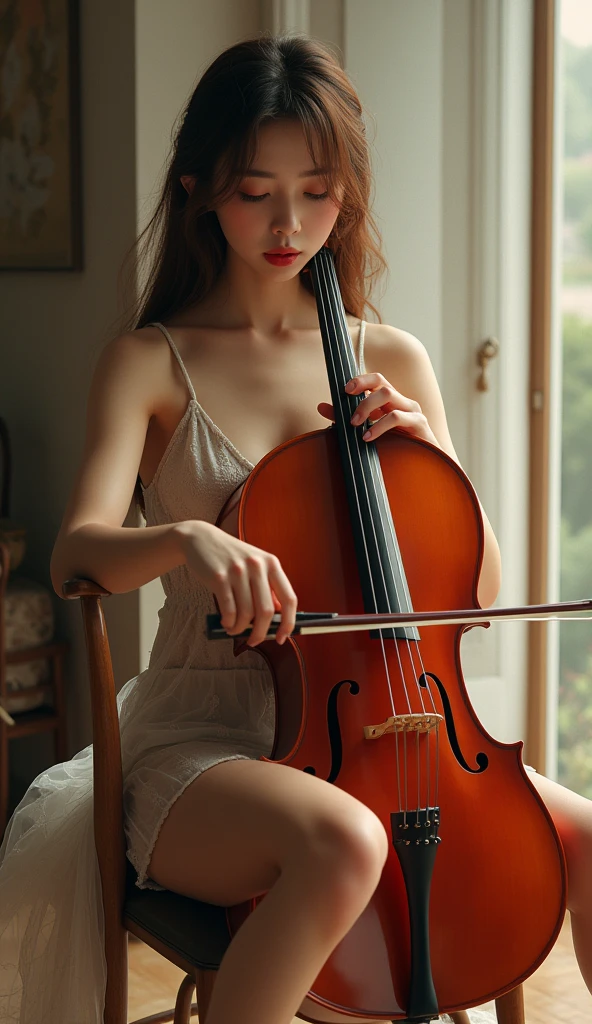 Beautiful woman in underwear, cello player, sitting position. Detailed photos, detailed descriptions.