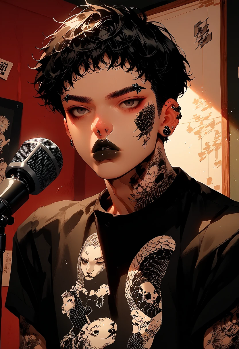 (masterpiece, illustration, best quality:1.2), microphone with melody logo, facing forward, music studio background, charming boy, full tattoo, rock style, piercing, gothic make-up, rock n roll, solo vocalist, black lips, whole body tattoo, traditional japanese tattoo, black t-shirt, black eyes, detail face, short hair, handsome boy, thin lips shape