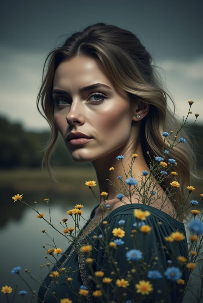 beautiful woman, beautiful dress, beautiful color field, award winning landscape photo, perfect symmetric eyes, gorgeous face, 8k uhd, dslr, soft lighting, high quality, film grain, Fujifilm XT3