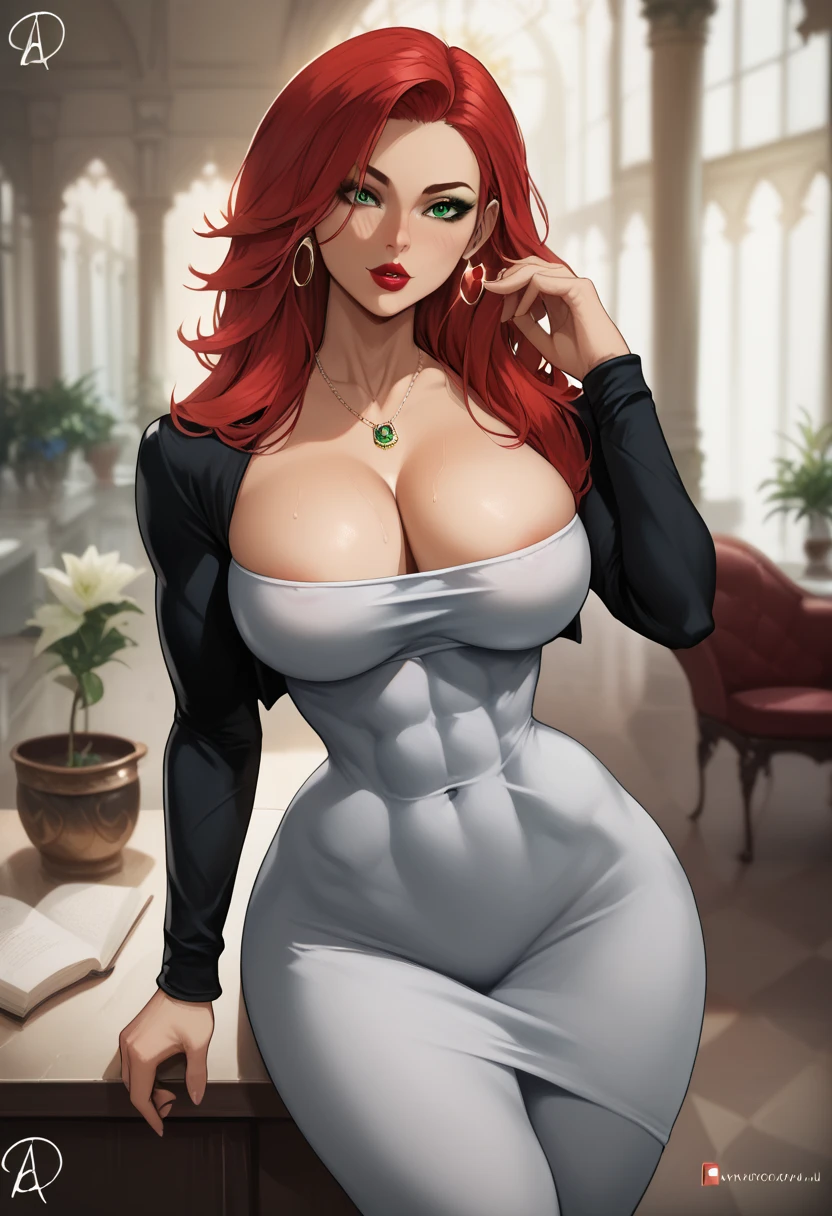 (masterpiece), best quality, expressive eyes, perfect face, red hair, green eyes, big breasts, fit body, hourglass figure, wide hips, natasha romanoff, long hair, bangs, green eyes, red hair, lipstick, makeup, decollete, cleavege, athletic, dongtandress, meme attire,long sleeve