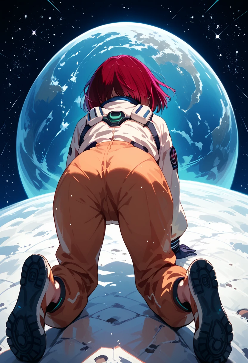 1girl, space suit, on all fours,butt in the front,head in the back,from behind,doggystyle, arima kana