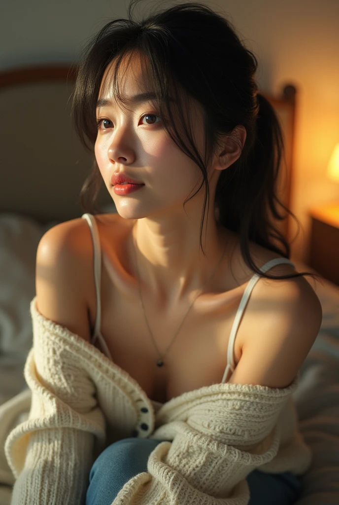 photo of a beautiful, disheveled woman with a tired expression leaning with her elbows on a table looking towards the window where she observes a beautiful sunset - --auto --s2