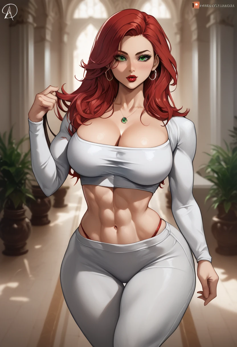 (masterpiece), best quality, expressive eyes, perfect face, red hair, green eyes, big breasts, fit body, hourglass figure, wide hips, natasha romanoff, long hair, bangs, green eyes, red hair, lipstick, makeup, decollete, cleavege, athletic, dongtandress, meme attire,long sleeve