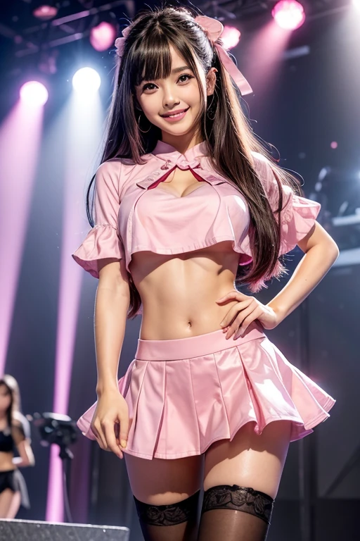 nsfw, pussy, pubic hair, nipples, on the stage, masterpiece, perfect face, Japanese idol face,Highest quality, realism, Unbelievably_Absurd, wallpaper, Cheer Leader, Long Hair, Brown Hair, Pink Hair, Wavy Hair, Small breasts, seifuku, White knee socks, super ultra micro cheer mini skirt, half gloves , naked, pussy under the skirt, from below,