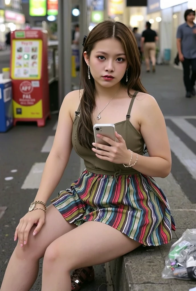 NSFW,
photography, film, depth of field, realistic skin texture, realistic photography,
(one girl, junior idol, teenage girl, Japanese girl, runaway girl),
messy hair, cute face, looking at camera, full body,
she is wearing a necklace, (stained camisole, stained super mini skirt), friendship bracelet, anklet, but no panties, no underwear,
she is wearing a colorful super mini pleated skirt,
her pussy is visible from the bottom of the super mini pleated skirt,
her body is plump with not much of a waistline, big ass and thick thighs, giving an overall underdeveloped impression,
but she has super huge breasts as big as her head,
(giant breasts: 1 .6),
She has big breasts and is fat,
She has thick legs,
She is still in her early teens but ran away from home and is making a living by prostitution,
She is sitting with her legs stretched out on the edge of the sidewalk,
She is playing with her smartphone,
She spreads her legs and shows her pussy to get the man's attention,
She looks up at me with the camera pointed at her,
She looks at the camera and smiles sadly, as if to flirt,
She hasn't washed her body so her whole body is filthy, her clothes, skin and hair are dirty,
There is a plastic bag full of junk next to her,
This is a corner of Shinjuku's downtown, (night, downtown at night), town, city, downtown,
Various types of garbage are scattered on the street, condoms, (used condoms),