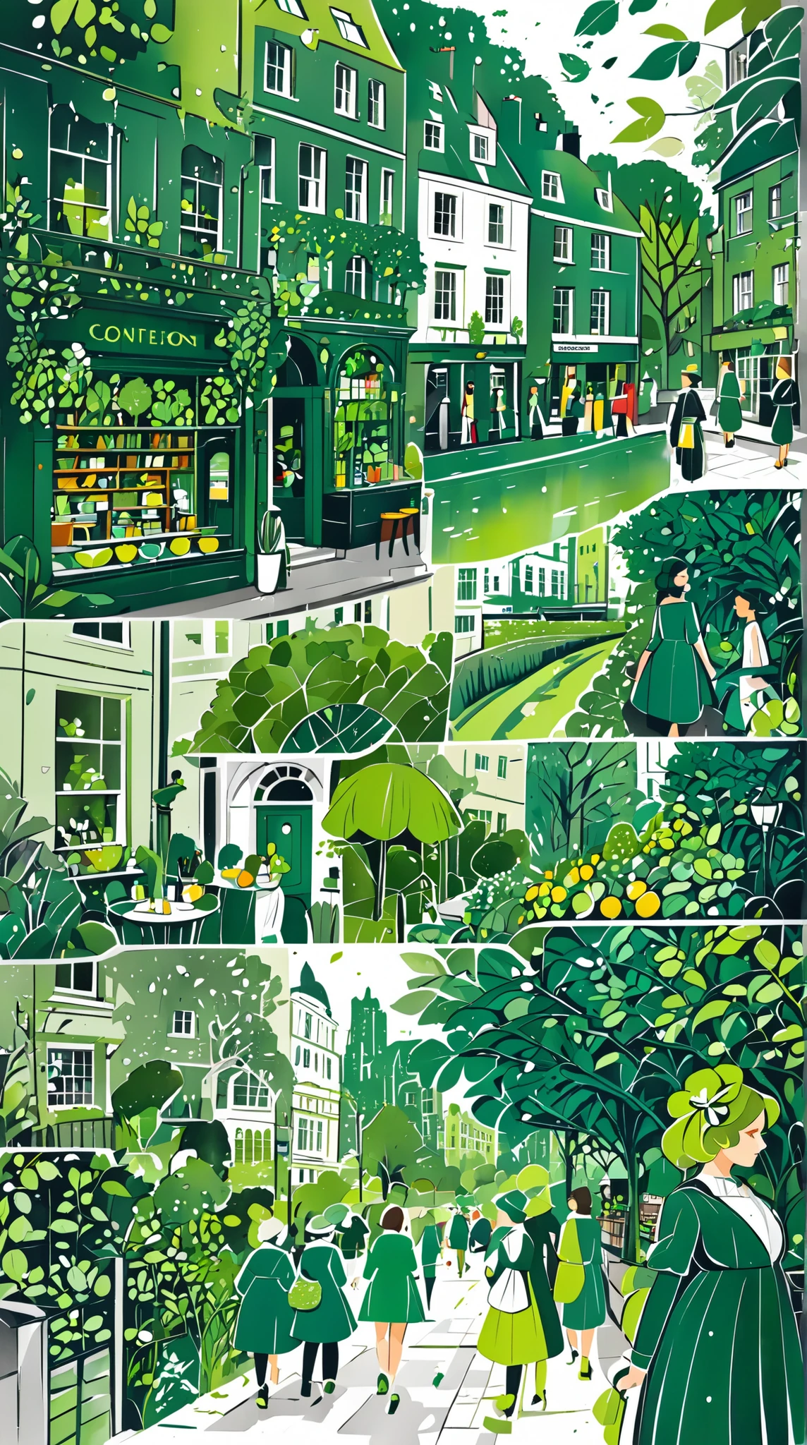 Nation, London, illustration with leaf green as the main color, Graphic, Game change, green, riverside, society, universe, collage illustration, lady, city, cute, beautiful, ivy green illustration, citron green illustration, emerald green illustration, Edinburgh, muffin