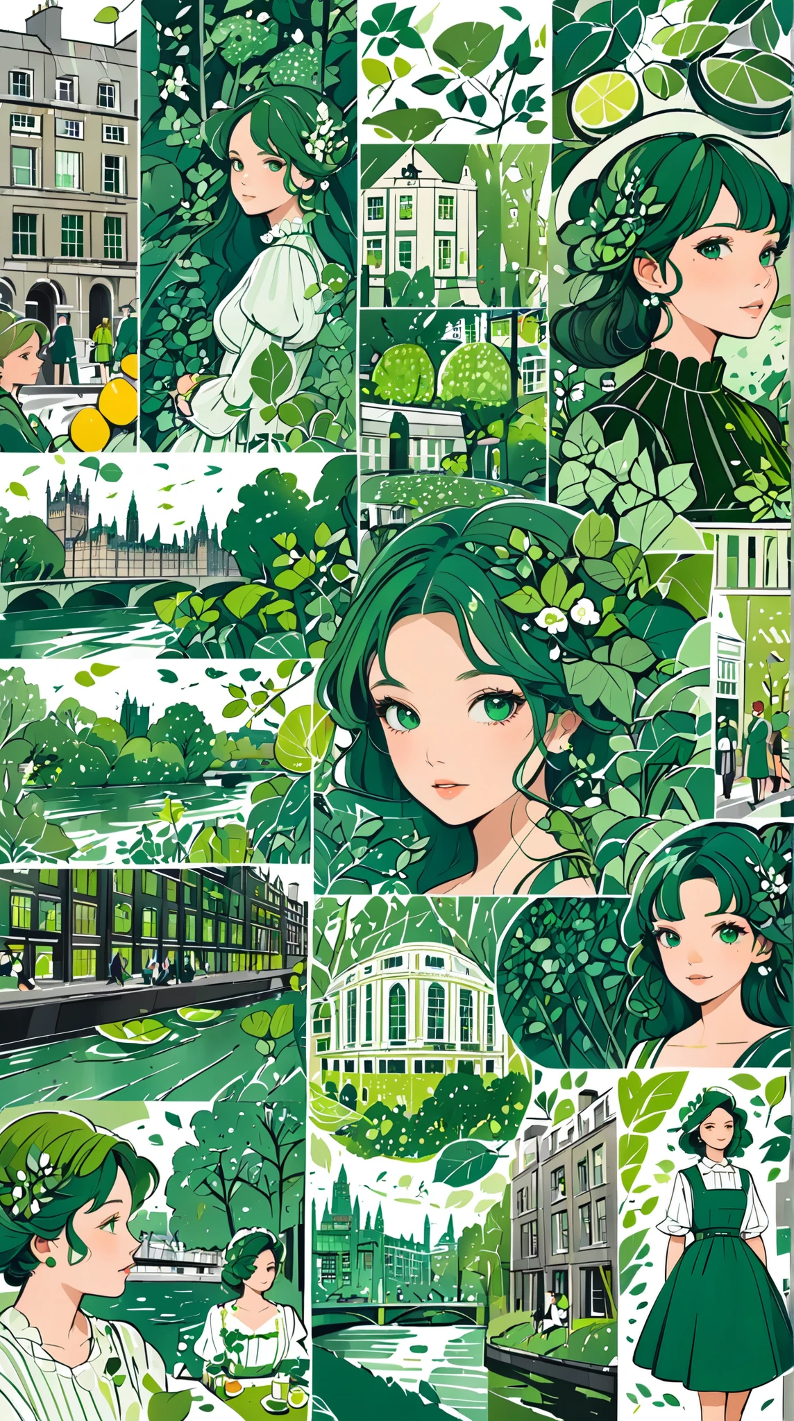 Nation, London, illustration with leaf green as the main color, Graphic, Game change, green, riverside, society, universe, collage illustration, lady, city, cute, beautiful, ivy green illustration, citron green illustration, emerald green illustration, Edinburgh, muffin