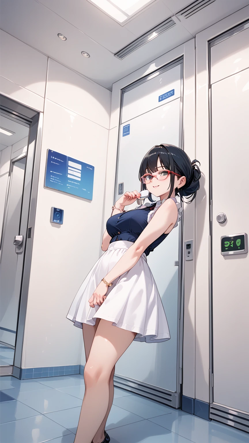 Black hair, glasses, elevator girl