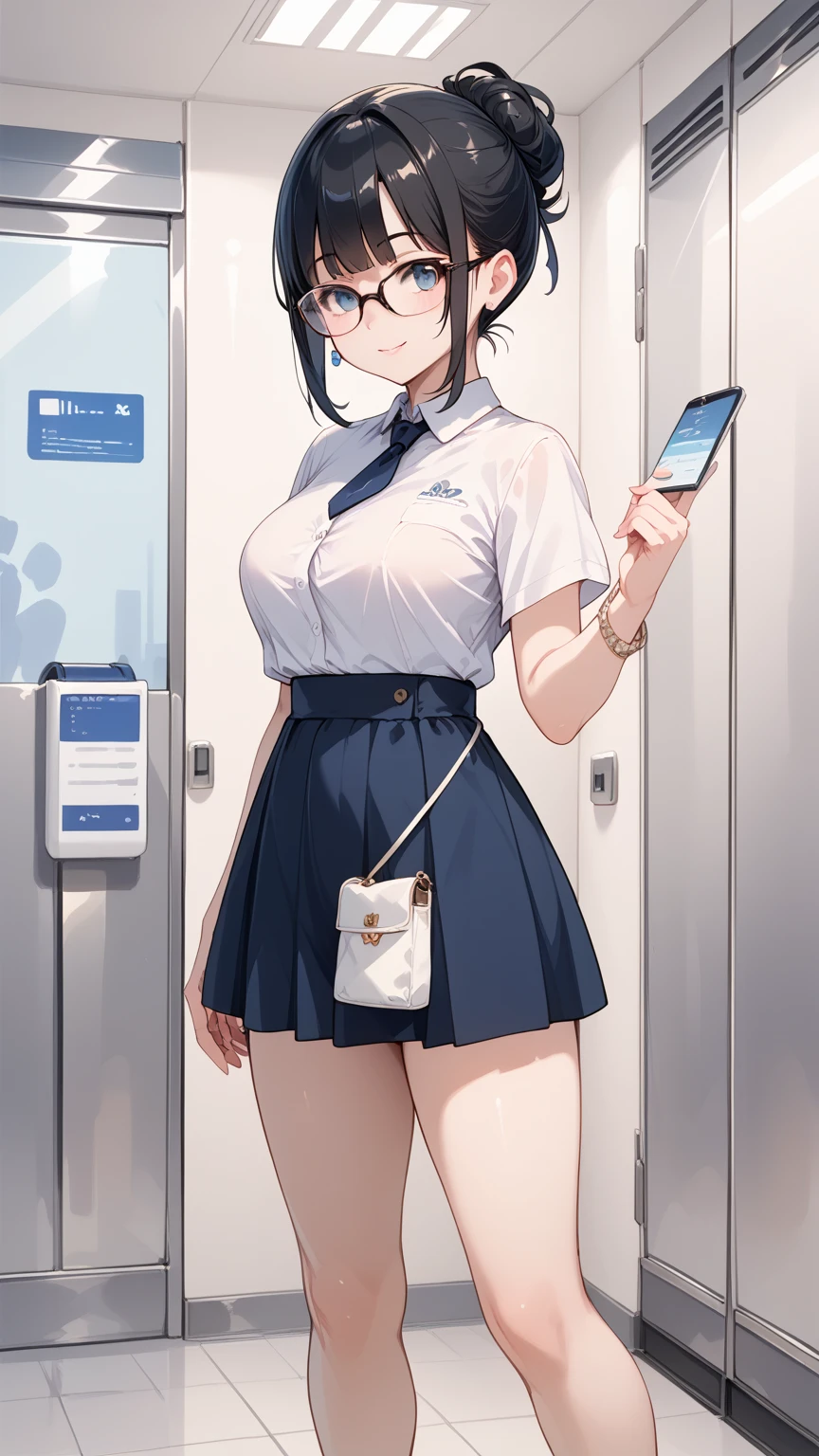 Black hair, glasses, elevator girl