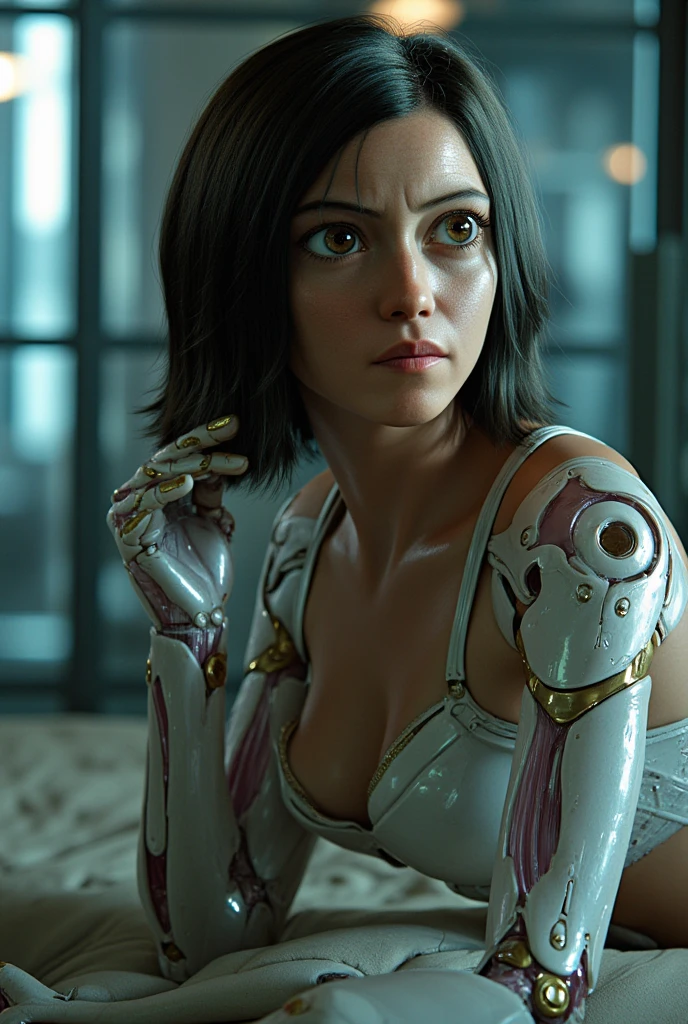 alita wears a mecanical robot bodysuit, sweating, wet body, dripping water, oiled up skin, shiny skin, sexy pose, seductive, flirting, looking at viewer, sexy white lingerie, sexy lingerie suspenders, sexy white stockings, lying on bed, apartment, glass walls