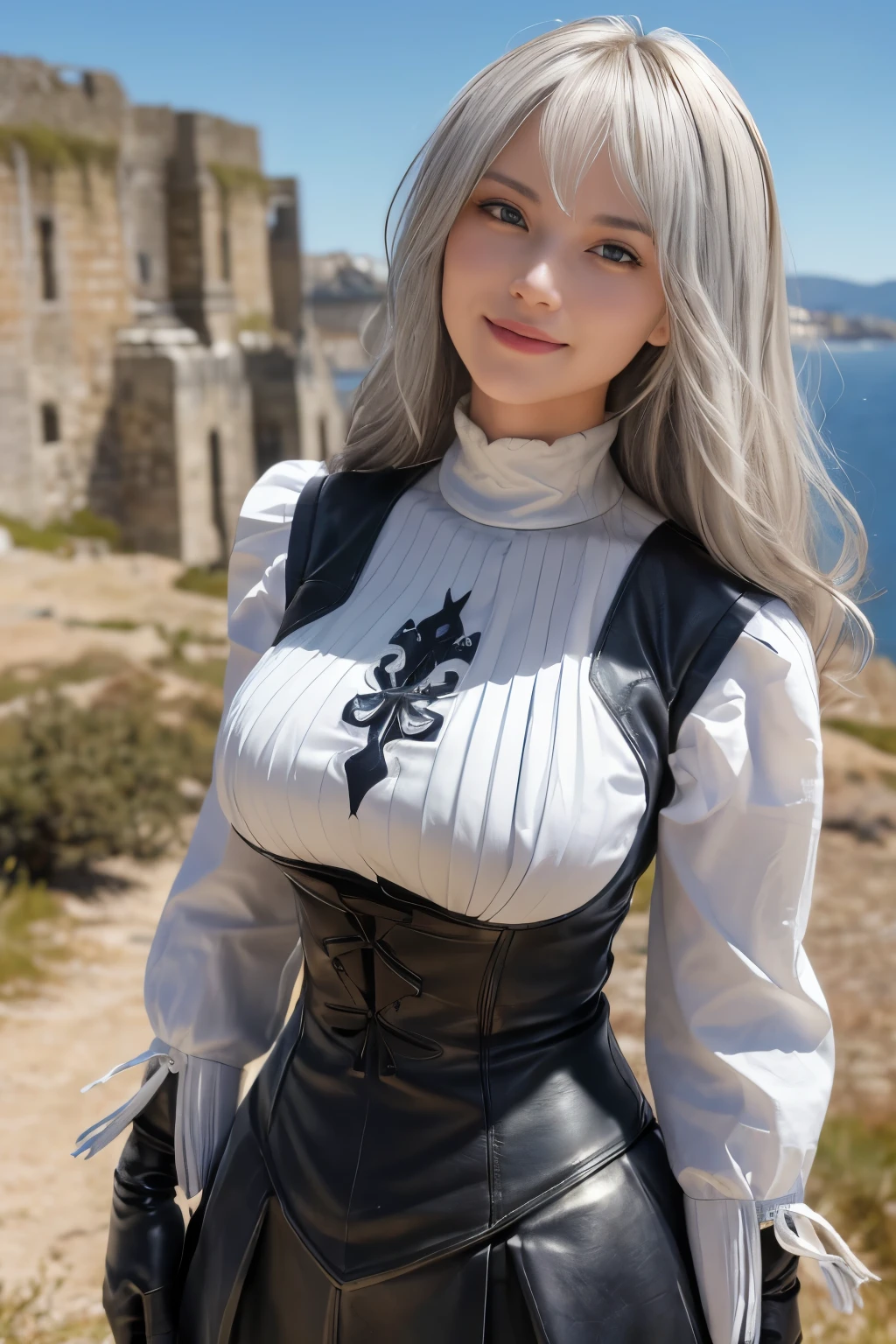 ((((  Masterpiece ,  top quality,  high definition )))), Highly detailed 16k, スリムな体つきの sexyな美しい日本の女子大生,  (,  Ultra Details,  high definition,  high realism ,  super real , Photo), ( 1 girl:1.5),  beautiful bright silver long hair , ( dynamic pose),  towards the camera , Serious and angry look , (Big Breasts: 1.2), ( beautiful detailed face ,  beautiful detailed eyes), ( dark blue medieval-style very long shirt pullover leather vest（Sleeveless）,  cotton gorgeous white long sleeve medieval style women's shirt :1.5), ( elbow-length black leather gloves :1.5), ( pure white cotton long skirt with lots of pleats :1.5), ( white knee-high socks),( medieval knight style black leather boots :1.5), Shine, sweat, (sunlight, sunlight)， sexyな長い脚, naked, Exposed Chest , sexy,  Bransing, Looking up at the sky,  super real な広大な風景,  Photogenic Scenery , wield a sword in an abandoned fortress , Windy Day,  Wind Blown Hair  , wind、smile