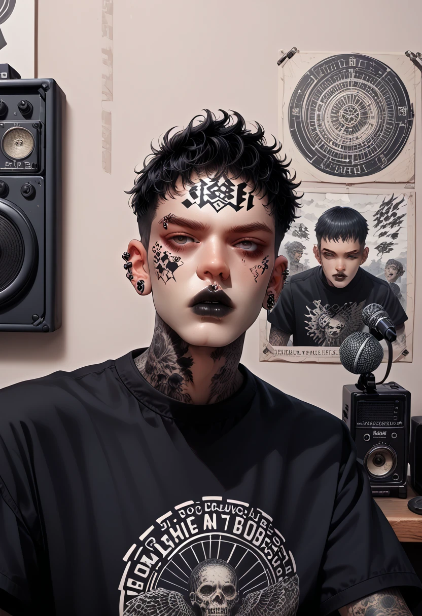 (masterpiece, illustration, best quality:1.2), microphone with melody logo, facing forward, music studio background, charming boy, full tattoo, rock style, piercing, gothic make-up, rock n roll, solo vocalist, black lips, whole body tattoo, traditional japanese tattoo, black t-shirt, black eyes, detail face, short hair, handsome boy, thin lips shape