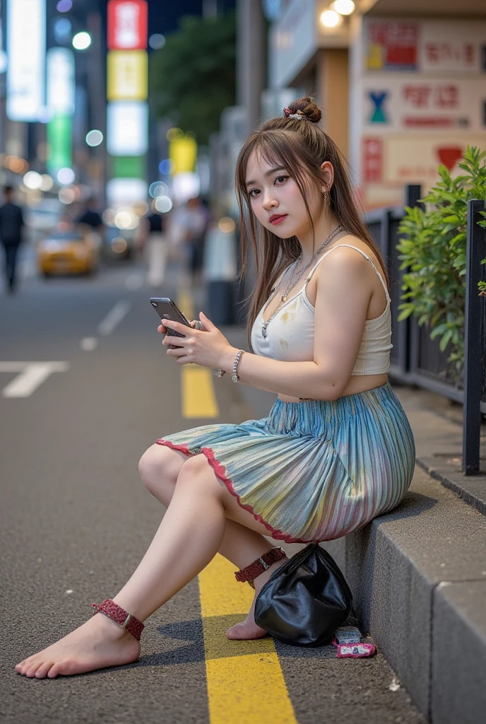 NSFW,
photography, film, depth of field, realistic skin texture, realistic photo, taken with smartphone, documentary,
(one girl, junior idol, teenage girl, Japanese girl, runaway girl),
messy hair, cute face, looking at camera, full body,
she is wearing a necklace, (stained camisole, stained super mini skirt), friendship bracelet, anklet, but no panties, no underwear,
she is wearing a colorful super mini pleated skirt,
her pussy is visible from the bottom of the super mini pleated skirt,
her body is plump with not much of a waistline, big ass and thick thighs, giving the impression of being underdeveloped overall,
but she has super big breasts as big as her head,
(giga (tits: 1.6),
She has big breasts and is fat,
She has thick legs,
She is still in her early teens but ran away from home and is making a living by prostitution,
She is sitting on the edge of the sidewalk with her legs stretched out,
She is playing with her smartphone,
She spreads her legs and shows her pussy to get the man's attention,
She looks up at me with the camera pointed at her,
She looks at the camera and smiles sadly as if to flirt,
She hasn't washed her body so her whole body is dirty, her clothes, skin and hair are dirty,
There is a plastic bag full of junk next to her,
This is a corner of Shinjuku's downtown, (night, downtown at night), town, city, downtown,
Various types of garbage are scattered on the street, condoms, (used condoms),